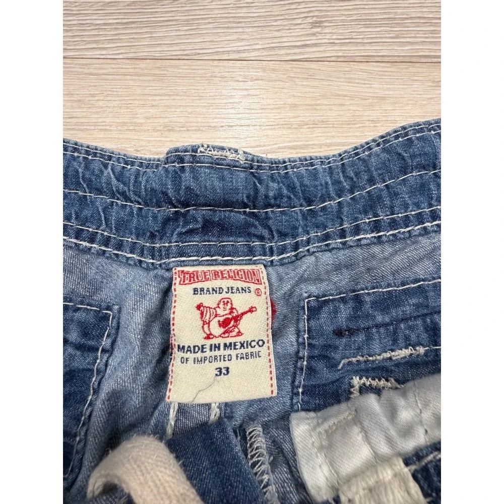 True Religion Isaac Mens Cargo Shorts Size 33 Blue Denim Contrast Stitch Frayed